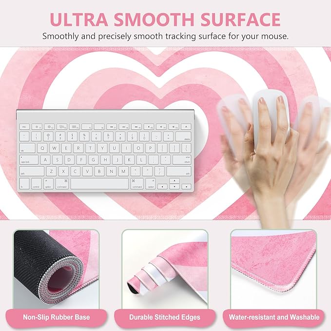 iLeadon Pink Desk Mat, Desk Pad + Pink Mouse Pad with Wrist Rest + Keyboard Wrist Rest + Coaster, 4in1 Mouse Pad Set, Mouse and Keyboard Pad for Home Office, Heart Pink