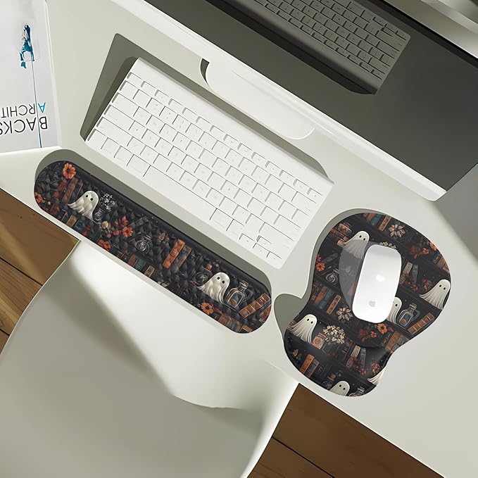 Ghost Book Mousepad with Wrist Rest Halloween Computer Keyboard Mouse Pad Black Cute, Mouse Pad with Wrist Rest for Computer Keyboard, 2 In 1 Mousepad with Wrist Support for Easy Typing & Ergonomic Comfort