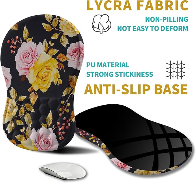Hokafenle Ergonomic Mouse Pad Wrist Support, Wrist Rest Mousepad for Carpal Tunnel with Integrated Memory Foam Slope Massage Bulge (11.8x7.9 inch,Golden Powder Flower)