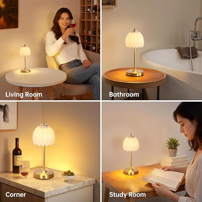 Tulip Table Lamp with 5000mAh Battery & Touch Control, Cordless Table Lamp with 3 Colors, Dimmable Rechargeable Table Lamps for Bedroom, Nightstands, Living Room, Entryways (White Tulip)