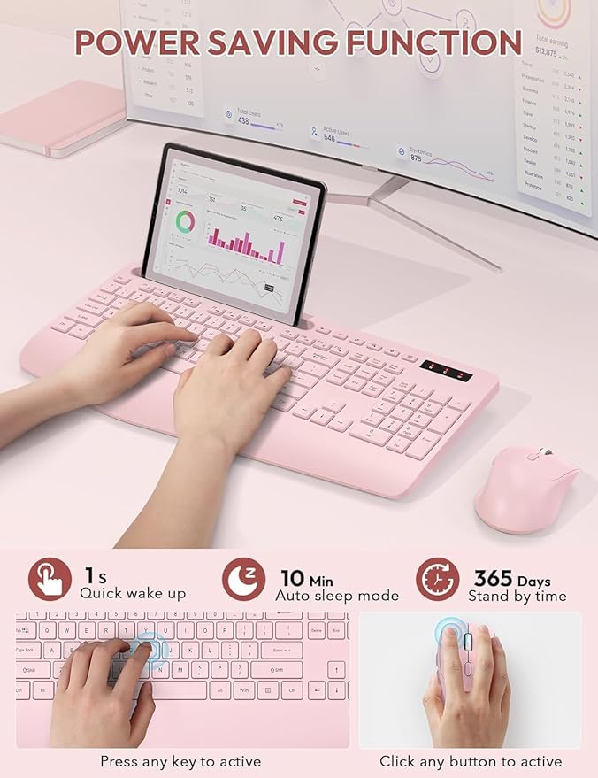 Wireless Keyboard and Mouse, Wrist Rest, Phone Holder, 2.4G Lag-Free Ergonomic Keyboards Mouse Combo, KM23D Silent Keyboards Set for Computer, Laptop, PC, Windows, Pink -SABLUTE