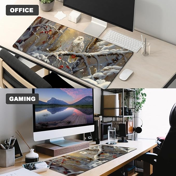 Winter Owl Gaming Mouse Pad,12x31.5in Non-Slip Rubber Elegant Snowy Forest Desk Mat,Large Extended Nature Mousepad for Office Home Laptop,Mice Pads Gifts,Game Lover Deskmat Decor