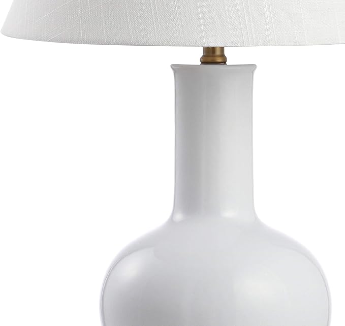 JONATHAN Y 27" White Ceramic and Brass Gold Gourd LED Table Lamp with USB Charging Port, Contemporary Bedside Lamp for Bedroom Living Room, Linen Shade, LED Bulb Included JYL6600A