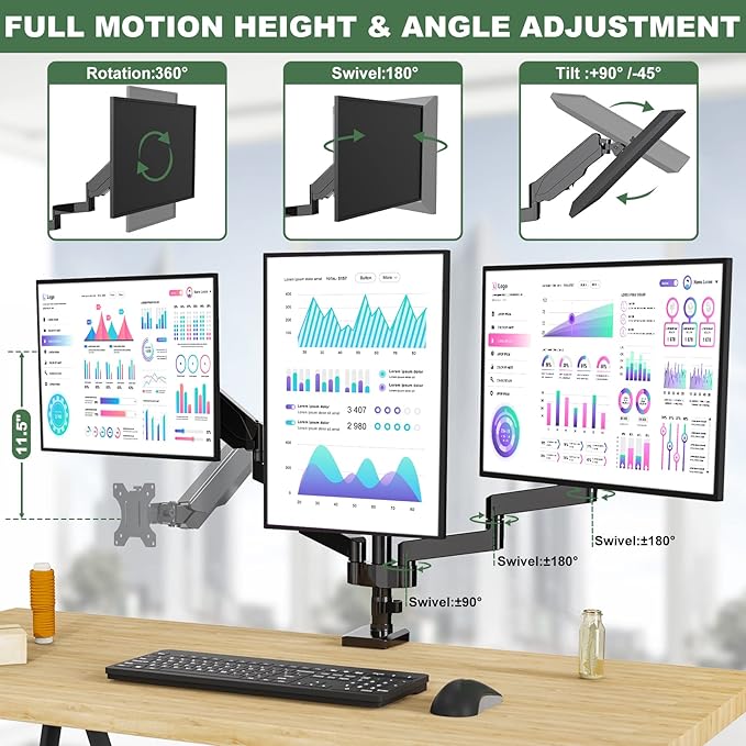 Triple Monitor Desk Mount for Three Flat/Curved Computer Screens up to 27 inch, Fully Adjustable Gas Spring Triple Monitor Arms Hold up to 17.6lbs, VESA 75x75/100x100mm