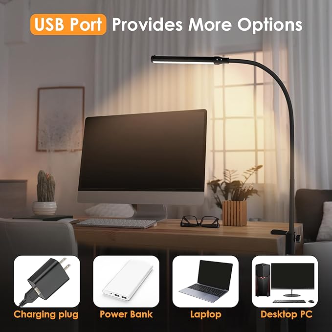 ShineTech LED Desk Lamp with Clamp, Clip On Desk Lamp for Home Office, 3000K Warm White & 11 Brightness Level, Flexible Gooseneck Architect Desk Light, Eye Caring Reading Lamp with USB Adapter