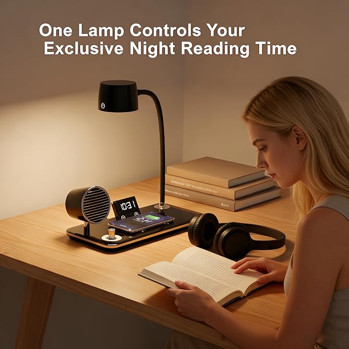 LED Desk Lamp for Office Home, Modern Desk Light with 15W Wireless Charger, Bluetooth Speaker & Digital Clock, 3 Color Temperature, Eye-Caring Study Lamp, Flexible Gooseneck, Black