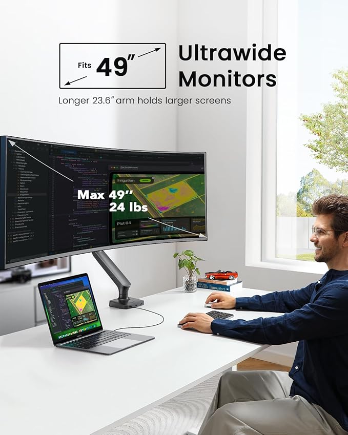 Single Monitor Mount for 13-49 Inch Screens up to 24 lbs, Ergonomic Adjustable Monitor Arm with Built-in USB 3.0 Hub, Space-Saving VESA Desk Mount for Home Office & Gaming, C-Clamp & Grommet Base