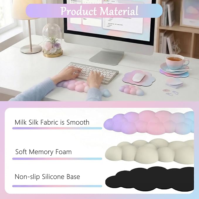 Cloud Mouse Pad Keyboard Wrist Rest for Mouse 4PCS Mini Small Desk Mat Pad Set Memory Foam Non-Slip Cute Ergonomic Gaming Mouse Wrist Support for Computer Home Office Pink Purple Blue