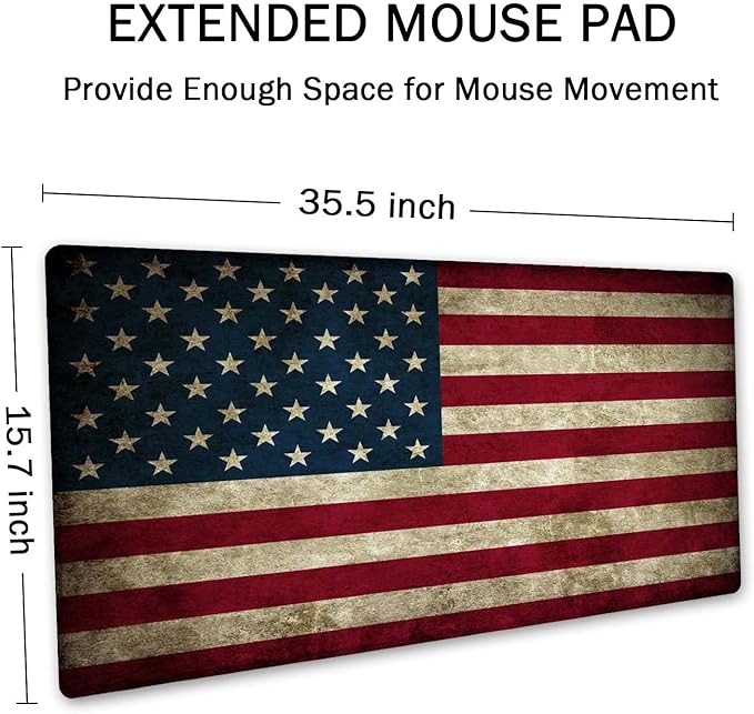 SSOIU Vintage American Patriotic US Flag Mouse Pad 35.5 X 15.7 Inch XXL Full Desk Mousepad Extended Large Non-Slip Rubber Base Waterproof Big Keyboard Mat with Stitched Edges for Gaming and Office