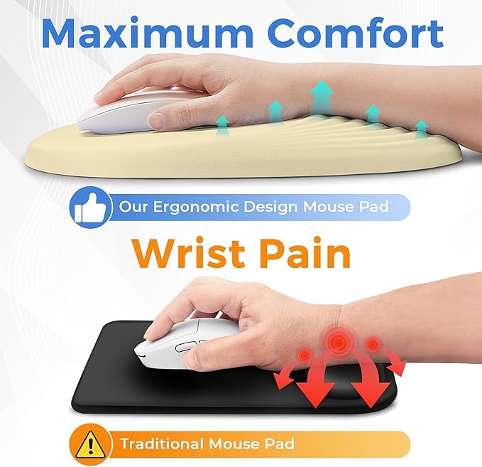Ergonomic Mouse Pad with Wrist Support, Memory Foam Wrist Rest for Pain Relief & Carpal Tunnel, Non-Slip Base for Office, Computer, PC, Laptop (12x8x1.2inch, Light Yellow)