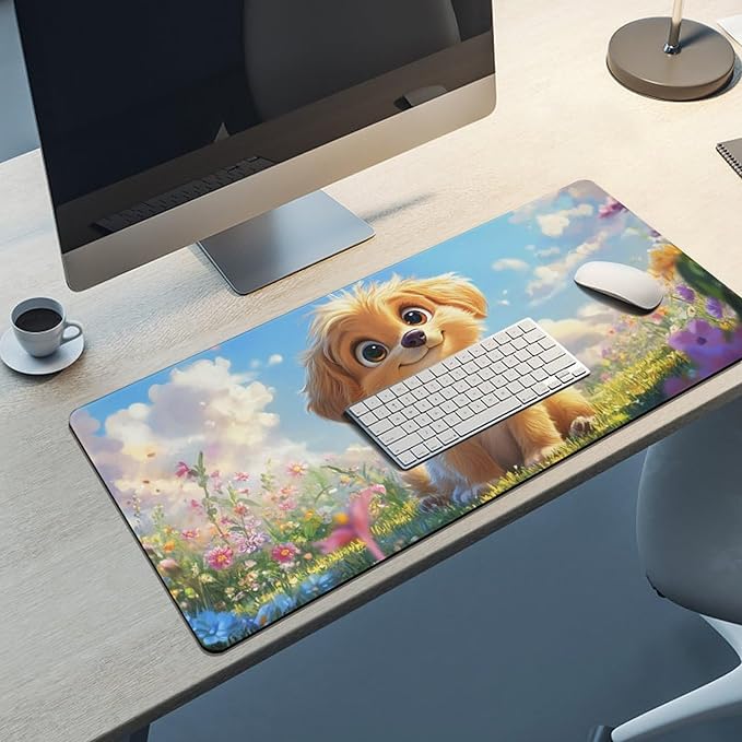 Large Ergonomic Gaming Mouse Pad Fluffy Puppy in Sunny Meadow - Cute Dog Theme with Non-Slip Base Water-Resistant Surface and Stitched Edges 40x90cm