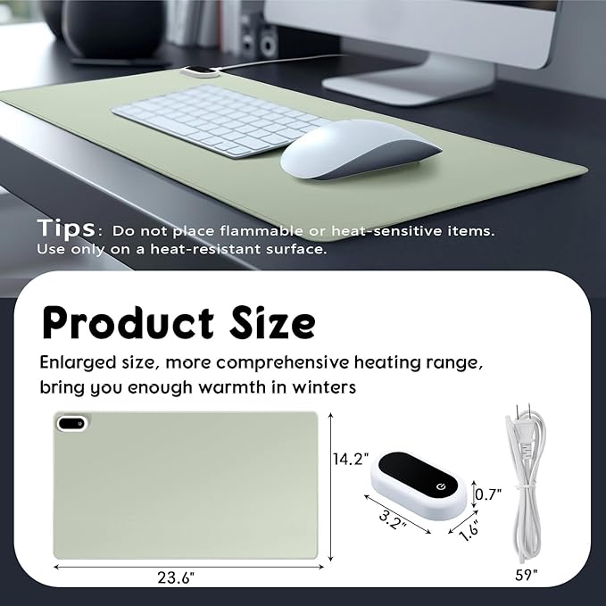 Konohan Heated Desk Pad Warm Mouse Pad, 5 Heating Level & 4 Hour Auto Shut-Off, PU Leather Warm Mouse Mat Heating Keyboard Gaming Mice Warmer Mat Only Supports 110v(Gray-Green Color,23.6"x 14.2")