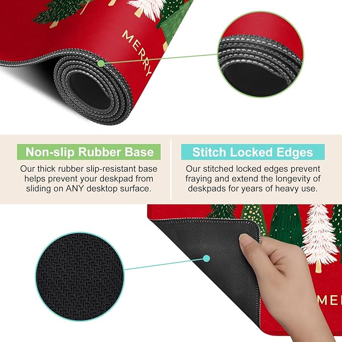 Desk Mat, XXL Extended Gaming Pad for Desktop, 35x16 Inches Trees on Red Background, Large Non-Slip Vegan Leather Surface with Stitched Edges, Keyboard Mouse Mat for Home Office