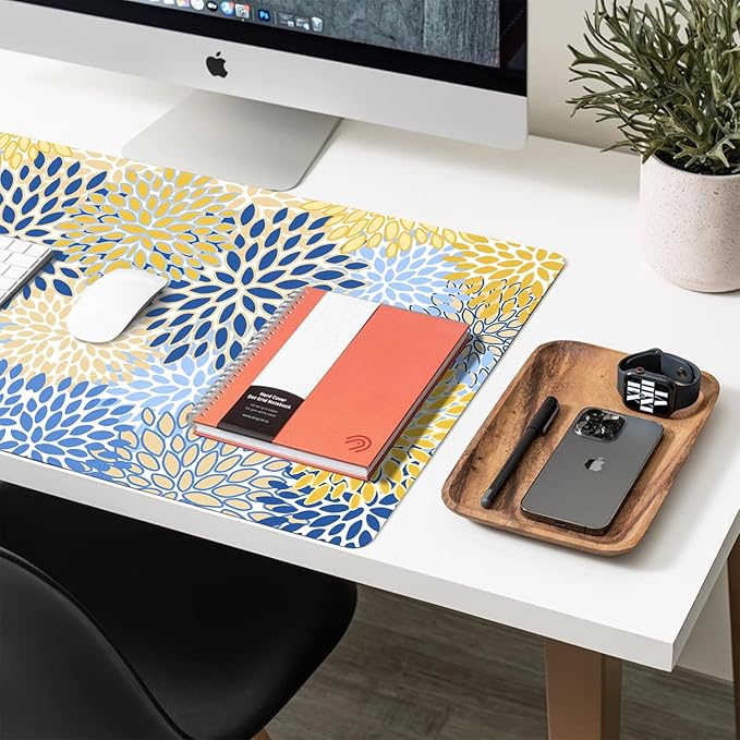 Desk Mat Large Protector Pad 27.5" ×13.8", Non-Slip PU Leather Desk Blotter, Waterproof Mouse Pad for Office Home Chic Flower