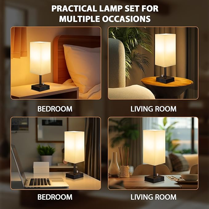 aooshine White Fully Dimmable Nightstand Lamps Set of 2 - Table Bedside Lamp with USB C+A Charging Ports & 2 AC Outlets, Square Lamp Sets Linen Fabric Shade for Bedroom Living Room(Bulb Included)