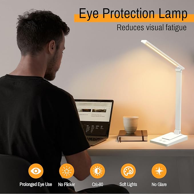 ErayLife Rechargeable LED Desk Lamp, 800LM 2600mAh Reading Table Lamp, 5 Color Modes with 5 Brightness, Aluminum Bedside Lamp with USB Charging Port for Study Home Office, White