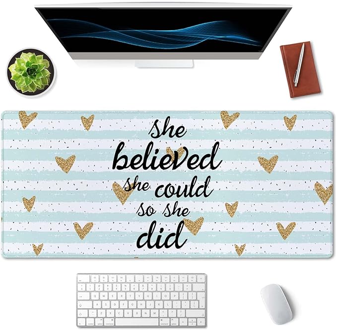 SSOIU Inspirational Quote Desk Mat,Large Mouse Pad 35.5" x 15.7" XXL Extended Gaming Mouse Pad Mat with Non-Slip Base Stitched Edge Mousepad for Computer,Office - She Believed she Could so she did