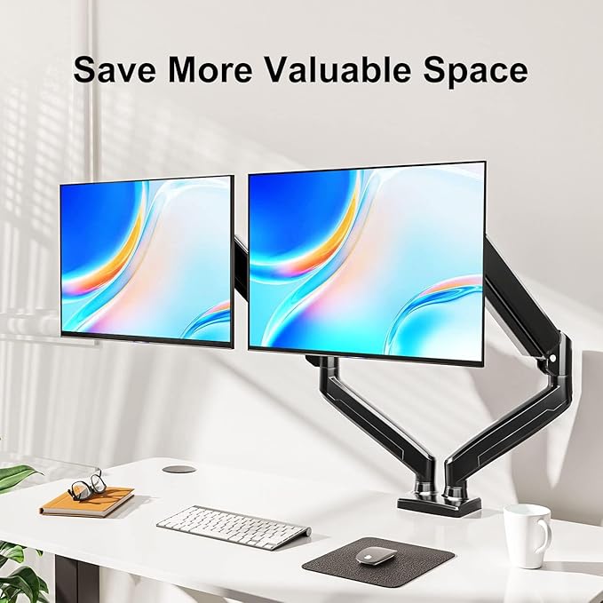 Dual Monitor Mount Fits 13 to 32 Inch Computer Screen, Dual Monitor Arm Hold 4.4-19.8lbs Each, Full Motion Monitor Desk Mounts for 2 Monitors, Gas Spring Monitor Stand, VESA Mount
