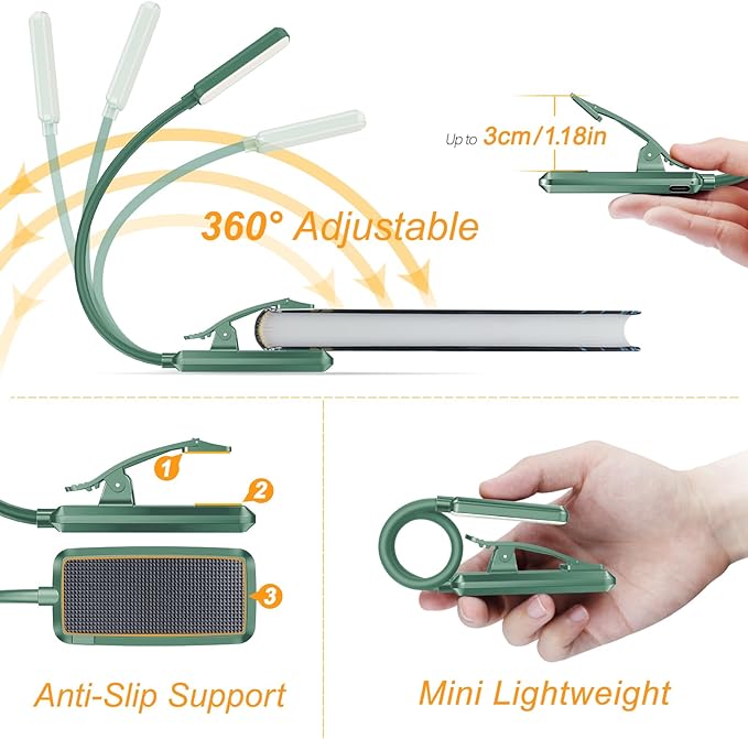 Gritin 9 LED Rechargeable Book Light for Reading in Bed - Eye Caring 3 Color Temperatures,Stepless Dimming Brightness,80 Hrs Runtime Small Lightweight Clip On Book Reading Light for Studying-Green