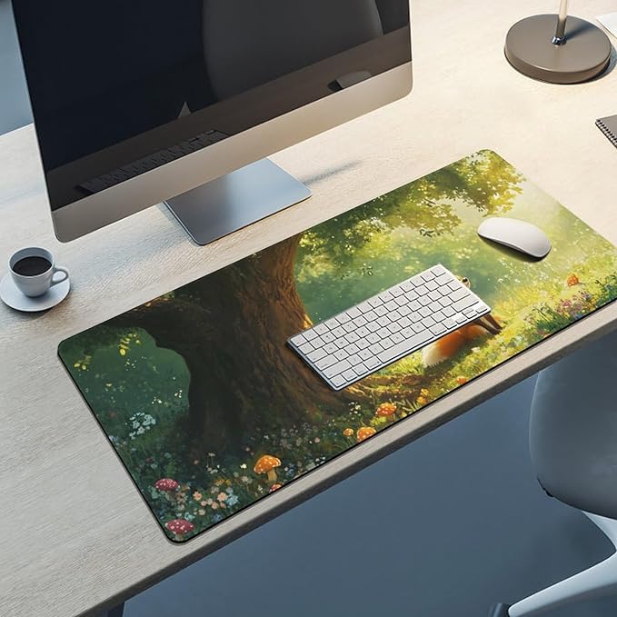 Cute Fox Mouse Pad, Large Extended Desk Mat 40×90cm (16''×36'')， Forest Animal Gaming Mousepad with Non-Slip Rubber Base, Stitched Edges, Water-Resistant for Office Home