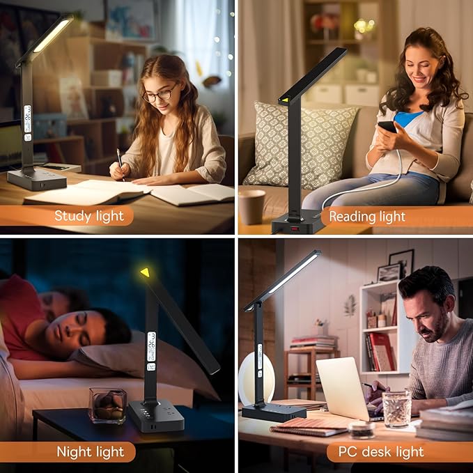 Power Strip with LED Desk Lamp: Table Lamp with Charging Station - 2 Outlets 1 USB-A Ports 1 Type-C Ports, Surge Protection and Led Display, 5ft Extension Cord, 5 Color Modes 5 Brightness