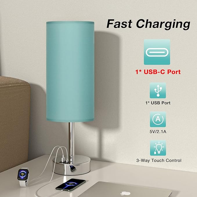 Dicoool Teal Touch Bedside Lamps for Bedroom - Small Coastal Nightstand Lamp with USB-C and USB A Charging Ports, 3 Way Dimmable Control Table Lamp for Office, Dorm with Fabric Shade Silver Base