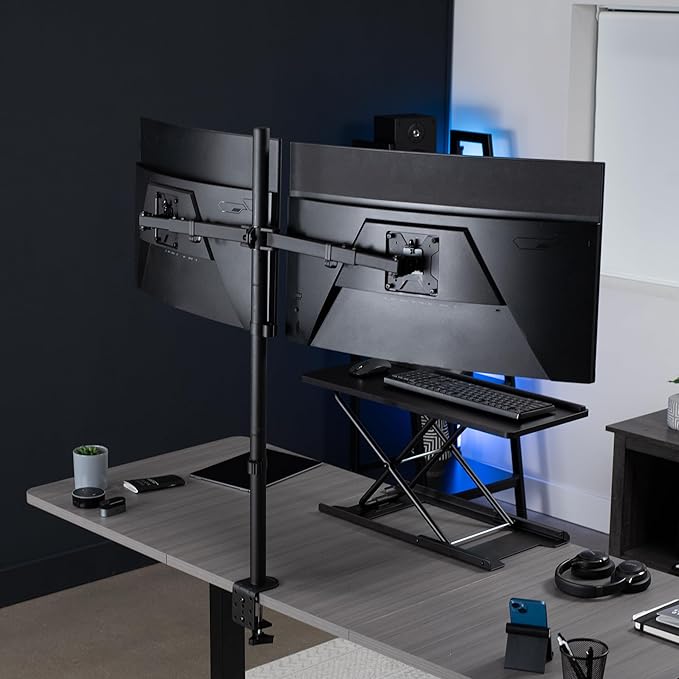 VIVO Premium Dual Ultra Wide LCD LED 27 to 38 inch Monitor Desk Mount, Heavy Duty C-clamp, Extra Tall Pole, Adjustable Telescoping Arms, Flush Wall Setup, Fits 2 Screens, Black, STAND-TS38C-T