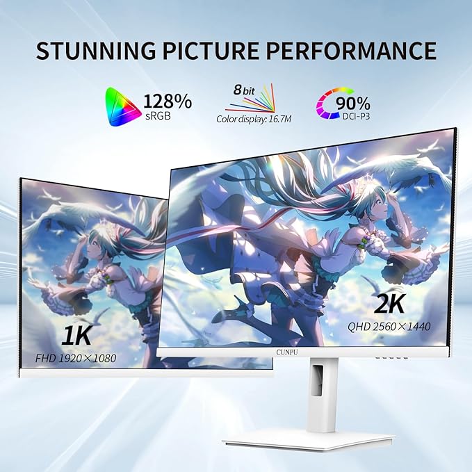 27 Inch White 180/200Hz Gaming Monitor, QHD 2560x1440 Fast IPS PC Monitor, Adaptive Sync, 100% sRGB, HDR10, Built-in Speaker, Height/Swivel/Tilt/Rotating Adjustable Stand, HDMI, Displayport