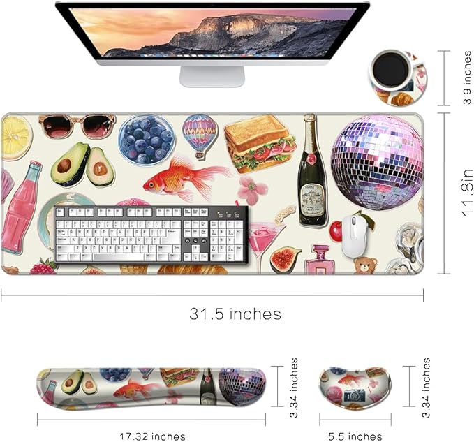 MIBITRI Keyboard Mouse Pad Set, Extended Gaming Mouse Pad+Ergonomics Keyboard Wrist Rest Support, Memory Foam, Easy Typing, 4Pcs XXL Ultra Thick Desk Mat, Collage Lovely
