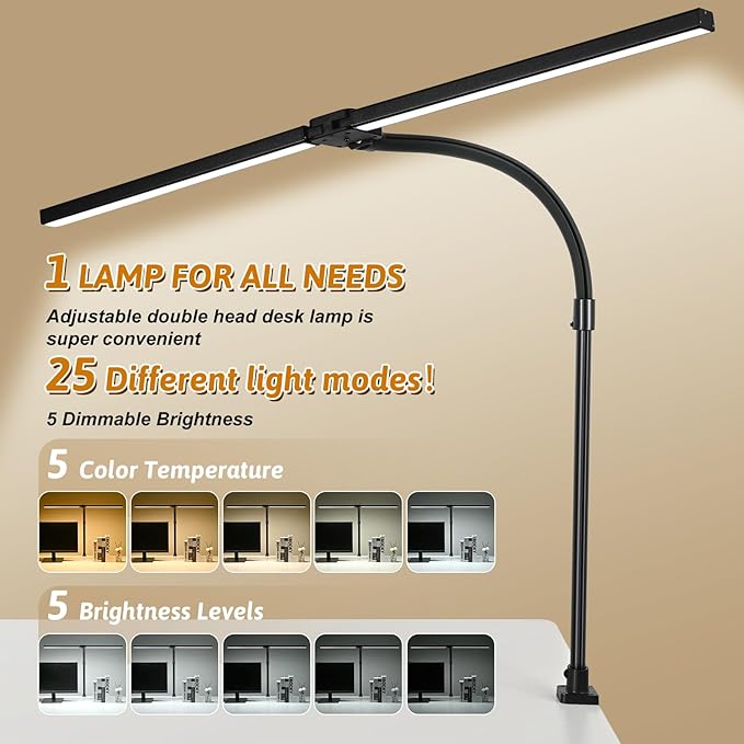 LED Desk Lamp for Office Dorm Home - Eye Caring Desk Light with Timer, Remote Control 24W Brightest Dual Screen Computer Monitor Gooseneck Dimmable Table lamp with Anti-Glare Cover Clamp & Base