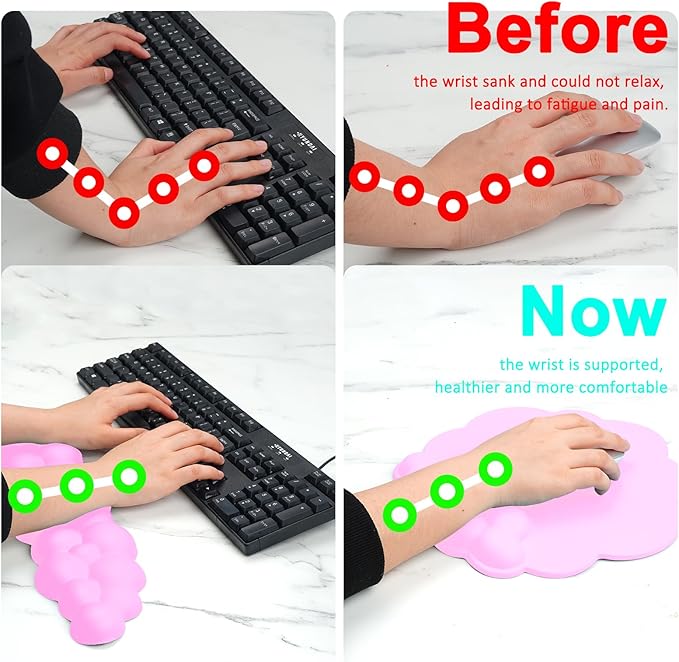 Cloud Keyboard and Mouse Wrist Rest Pad for Computer Arm- Ergonomic Wrist Support Mousepad with Non-Slip PU Base for Office, Gaming, and Home Use Anti-Fatigue(Pink)