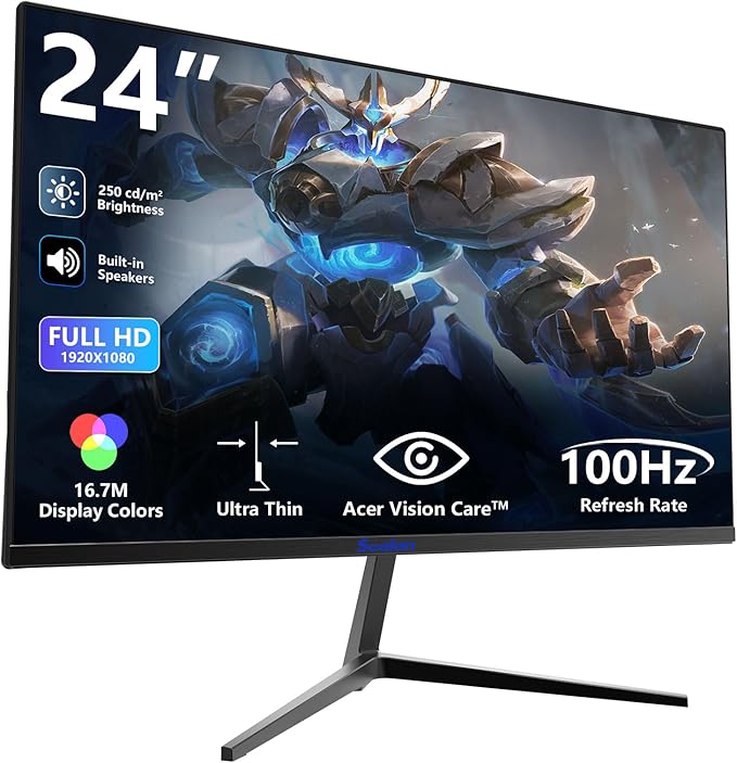 24 inch Computer Gaming Monitor Built-in Speakers 100Hz Refresh Rate 16:9 Aspect Ratio Ergonomic Tilt & VESA Compatible - Home Office Sync FHD 1920x1080p Visual Experience for Work & Play