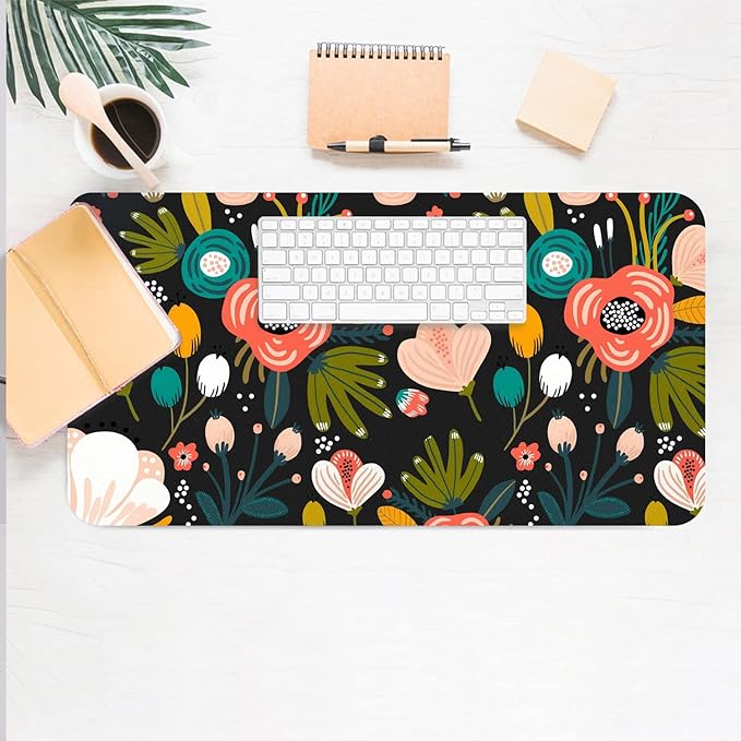 Desk Mat Large Protector Pad 23.6" ×11.8", Non-Slip PU Leather Desk Blotter, Waterproof Mouse Pad for Office Home Black Floral