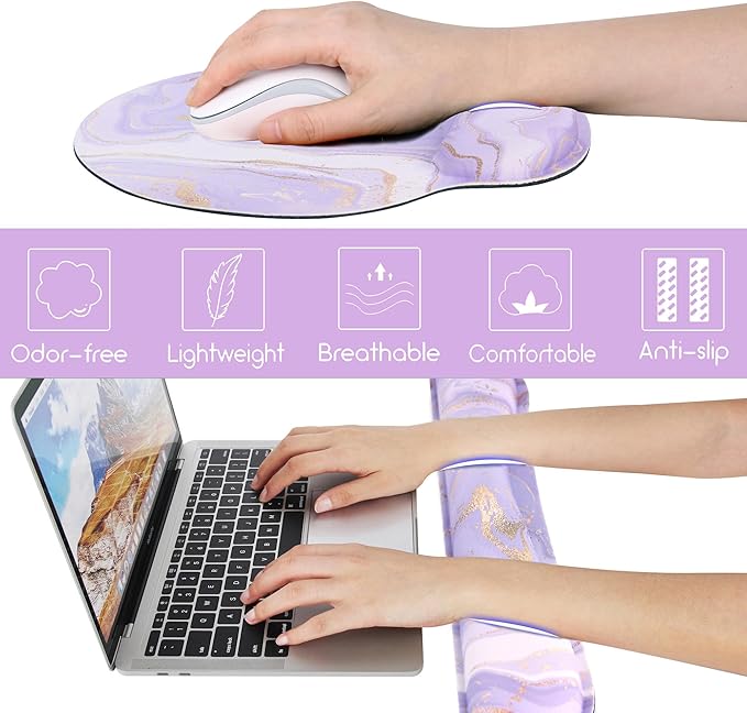 Ergonomic Mouse Pad with Wrist Rest and Keyboard Wrist Rest, Memory Foam Wrist Rest for Computer Keyboard, Easy Typing, Mouse Pad Wrist Support for Gaming,Office, Laptop, Purple Marble