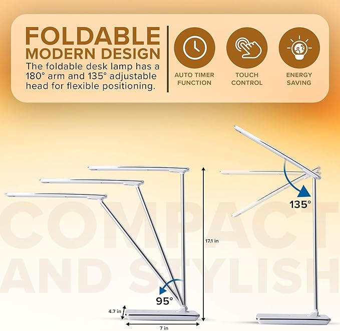 LED Desk Lamp White | Wireless Charger & USB Port | 4 Color Modes & 10 Brightness Level | Eye Caring Touch Control Lamp with Auto Timer | Foldable Adjustable Arm | Modern Light for Home Office