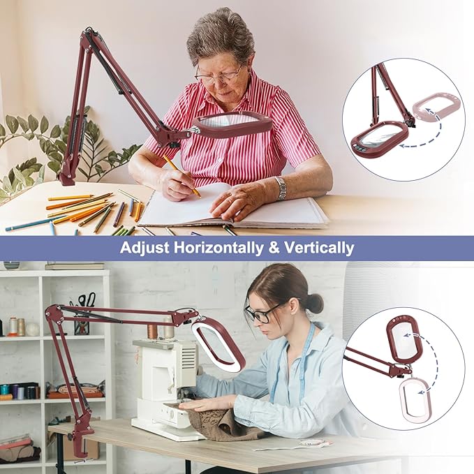 10X Large Magnifying Glass with Light and Clamp, Real Glass, 5 Color Modes, Stepless Dimmable, Lighted Magnifier with Stand Hands Free, LED Swing Arm Desk Lamp for Close Work, Craft, Reading - Red
