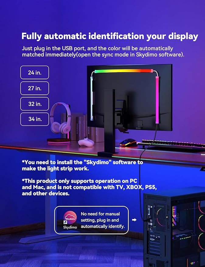 Monitor LED Backlights for PC & Mac, LED Strip Lights That Sync with Screen Color or Music, Computer Light Bar Behind Monitor, LEDs for Desk Gaming, USB Interface, Software Control (34 in)