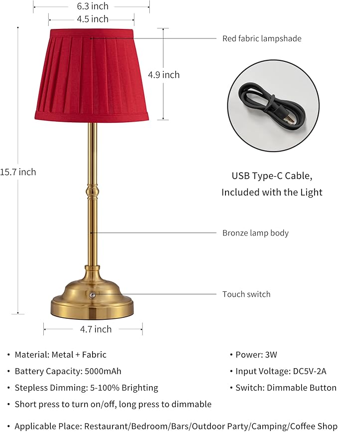 KDG Cordless LED Table Lamp Set of 2, Portables Fabric Shade Desk Lamps, 4000mAh Rechargeable Battery Powered Lighting, Dimmable Light for Dining Room, Bedroom, Bedside, Night Light, Balcony (Red)
