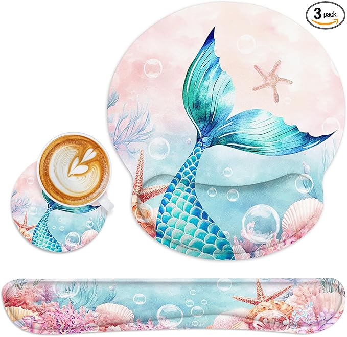 Britimes Pink Cute Deep Sea Mermaid Ergonomic Mouse Pad Set with Wrist Rest Non-Slip Rubber Base Wrist Cushion Support and Coasters Mousepad with Wrist Support for Computer Keyboard and Desk