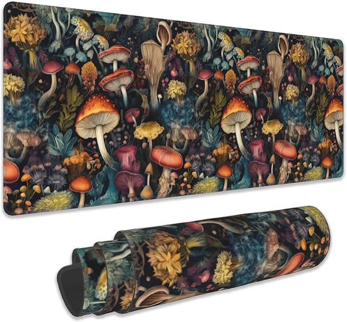 Mushrooms Desk Mat, Vintage Mushroom Floral Extended Gaming Mouse Pad Large, Big Desk Mat with Non-Slip Base and Stitched Edge, Long Computer Keyboard Mouse Mat for Home Office Work 31.5"x11.8"