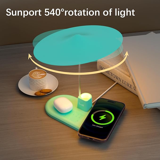 BUDI Multifunctional Table Lamp with Wireless Charger, 3 in 1 Charging Station Desk Lamp Touchable for Nightstand for Bedroom, Living Room, Home (Blue)