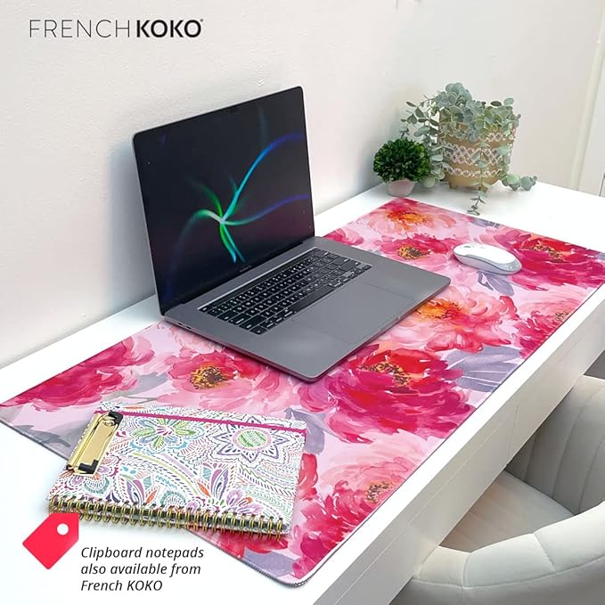 French KOKO Large Mouse Pad Desk Mat 15" x 30" – Extended Floral Desk Protector for Keyboard & Mouse – Non-Slip Waterproof Cute Office Pad Aesthetic Workstation Mat