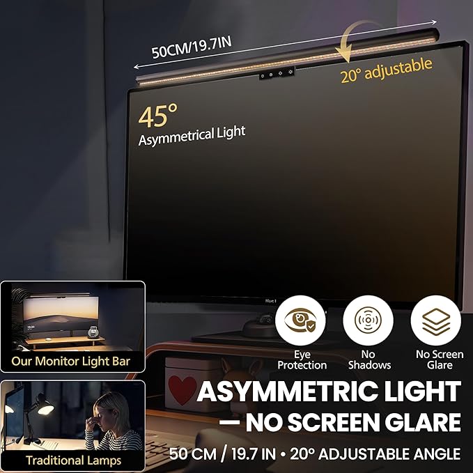 Monitor Light Bar 19.7”, No-Glare Asymmetric Screen Lamp, Auto-Dimming, CRI Ra97, 2700K–6500K & Stepless Dimming, Touch Control, Includes 5V/2A Adapter, Fits 0.2–1.1” Monitors (Not for Laptops)