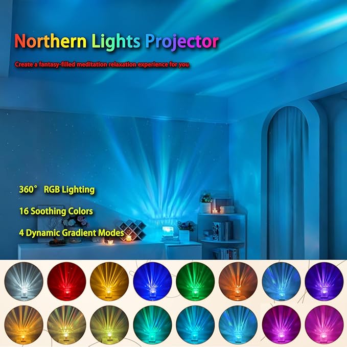 Northern Lights Projector for Bedroom, 16 Colors Aurora Lamp with Remote, Star Galaxy Night Light for Relaxing Sleep, Teen Girl Girls Room Aesthetic (Plug-in)