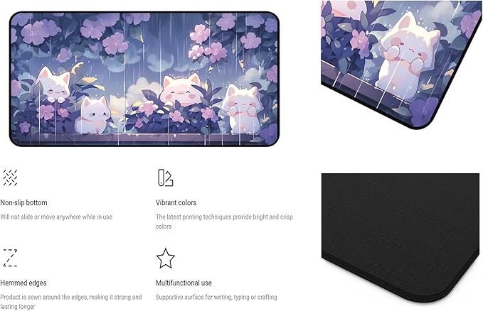 Cute Anime Office Desk Pad, White Cat Rain Keyboard and Mouse Pad XXL, Large Size Game Desk Mat, Purple Flower Laptop Desktop Pad, Women Kawaii Office Home Decoration Accessories 31.5"X15.7"