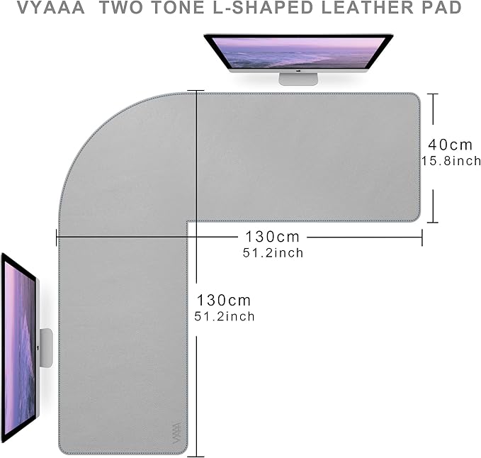 Vyaaa L-Shaped Leather Desk Pad Protector,Large Gaming Mouse Pad,Office and Home Desk Mat, 51 x 51 x 15.7 Inch, Light Gray