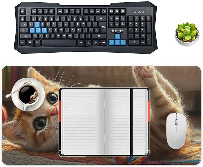 Large Ergonomic Gaming Mouse Pad Curious Kitten Playtime - Cute Cat Theme with Non-Slip Base Water-Resistant Surface and Stitched Edges 30x60cm
