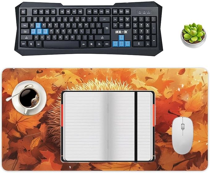 Large Ergonomic Gaming Mouse Pad Cozy Hedgehog in Autumn Leaves - Cute Forest Animal Theme with Non-Slip Base Water-Resistant Surface and Stitched Edges 30x60cm
