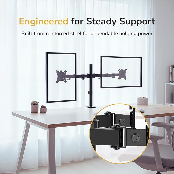 Mount-It! Dual Monitor Stand, Full Motion Desk Mount for 2 Screens up to 32” and 19.8 lbs Each, Tilt Swivel Rotate, VESA 75x75 & 100x100, Adjustable Dual Screen Arm with C-Clamp or Grommet