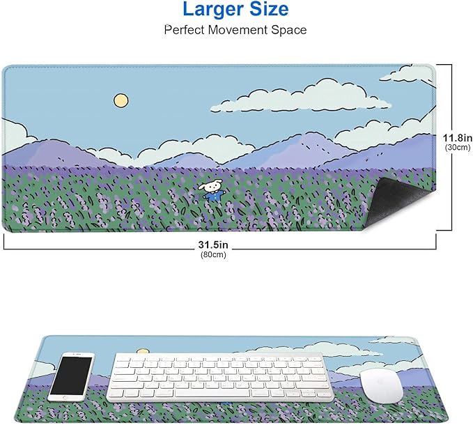 IMAYONDIA Anime Lavender Desk Mat Cute, Green Purple Blue XL Large Gaming Mouse Pad for Laptop, Kawaii Landscape Japanese Deskmat, Mousepad Computer Pad, 31.5 X 11.8 Inch
